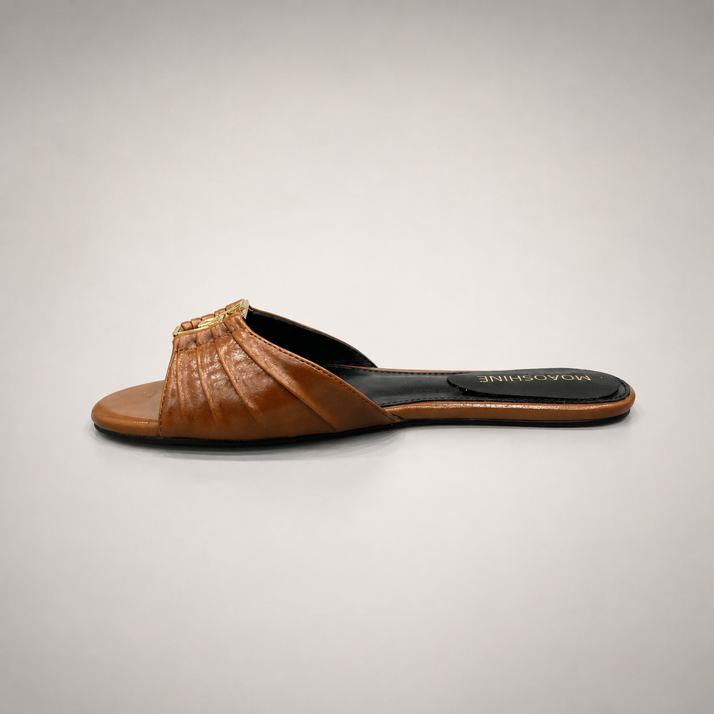 Brown slide sandal opposite side profile showing a braided forefoot strap