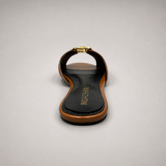 Brown slide sandal top view showing a braided forefoot strap