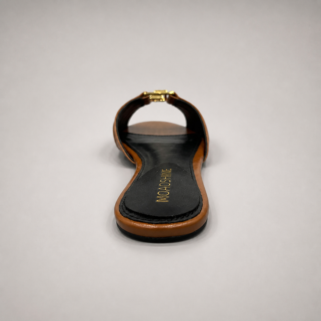 Brown slide sandal top view showing a braided forefoot strap