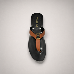 Brown flat sandal top view showing a flat sole with a toe-loop strap