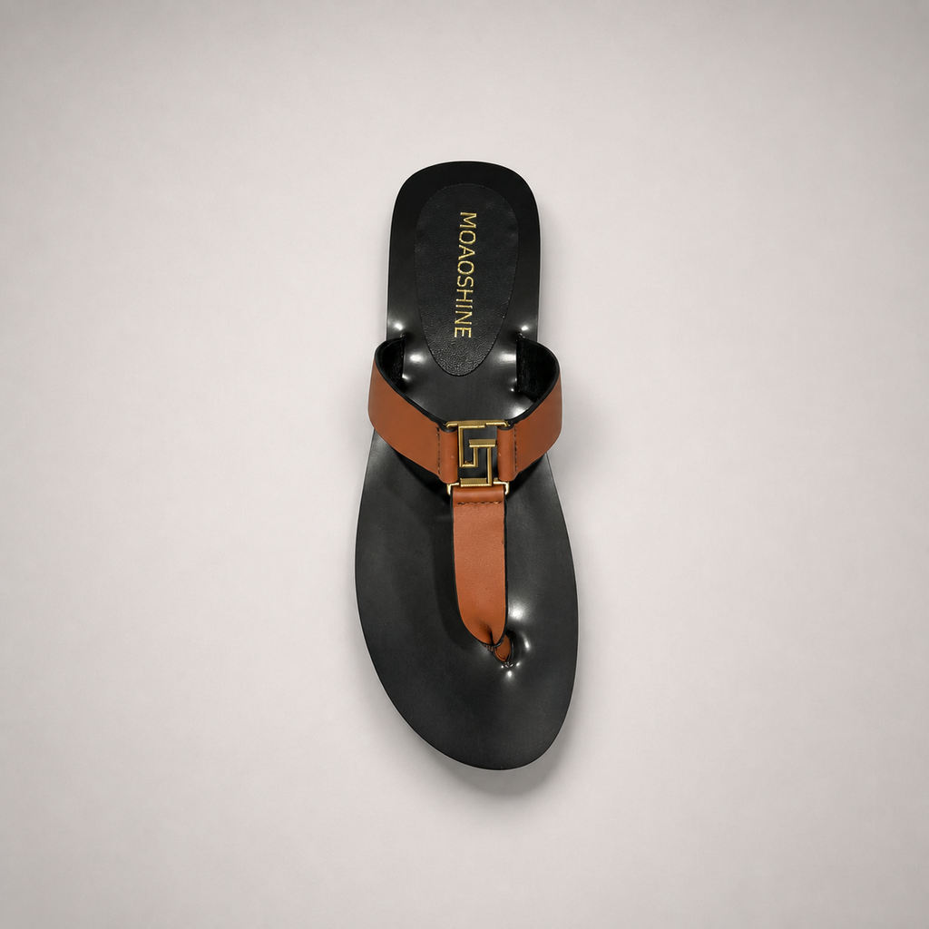 Brown flat sandal top view showing a flat sole with a toe-loop strap