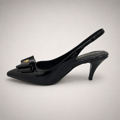 Black slingback pump opposite side profile showing a pointed toe and bow-shaped vamp ornament