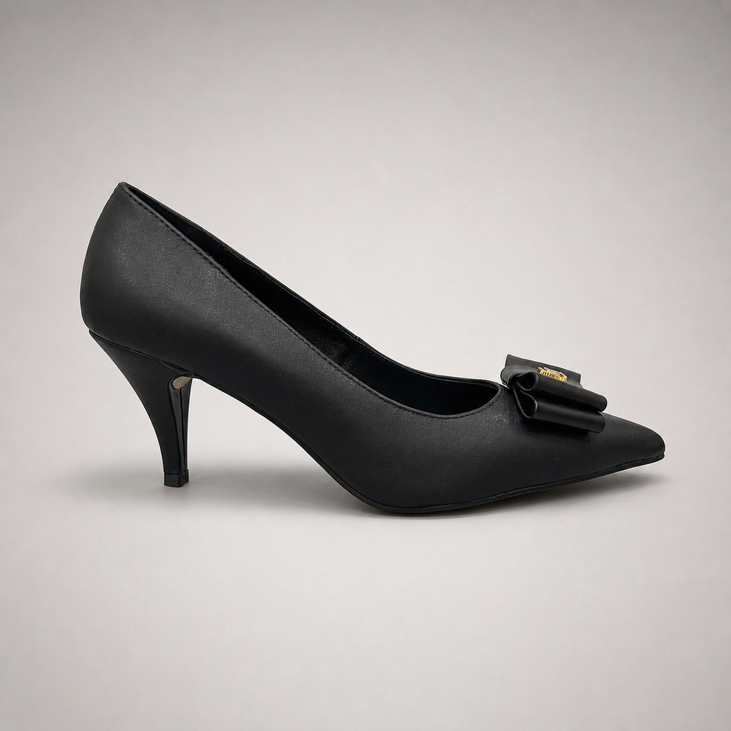 Black pump side profile showing a pointed toe and bow-shaped vamp ornament