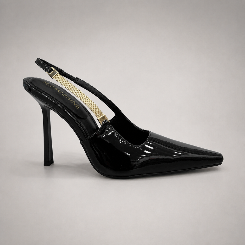 Black slingback pump side profile showing a pointed toe