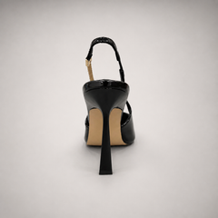 Black slingback pump top view showing a pointed toe