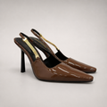 Brown slingback pump pair three-quarter view showing a pointed toe