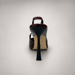 Burgundy slingback pump rear view showing a pointed toe