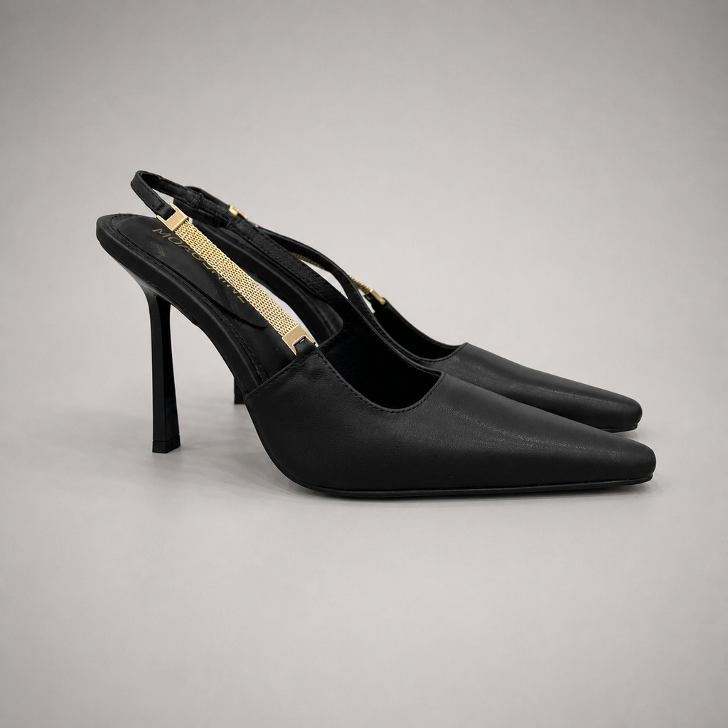 Black slingback pump pair three-quarter view showing a pointed toe