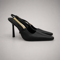 Black slingback pump pair three-quarter view showing a pointed toe
