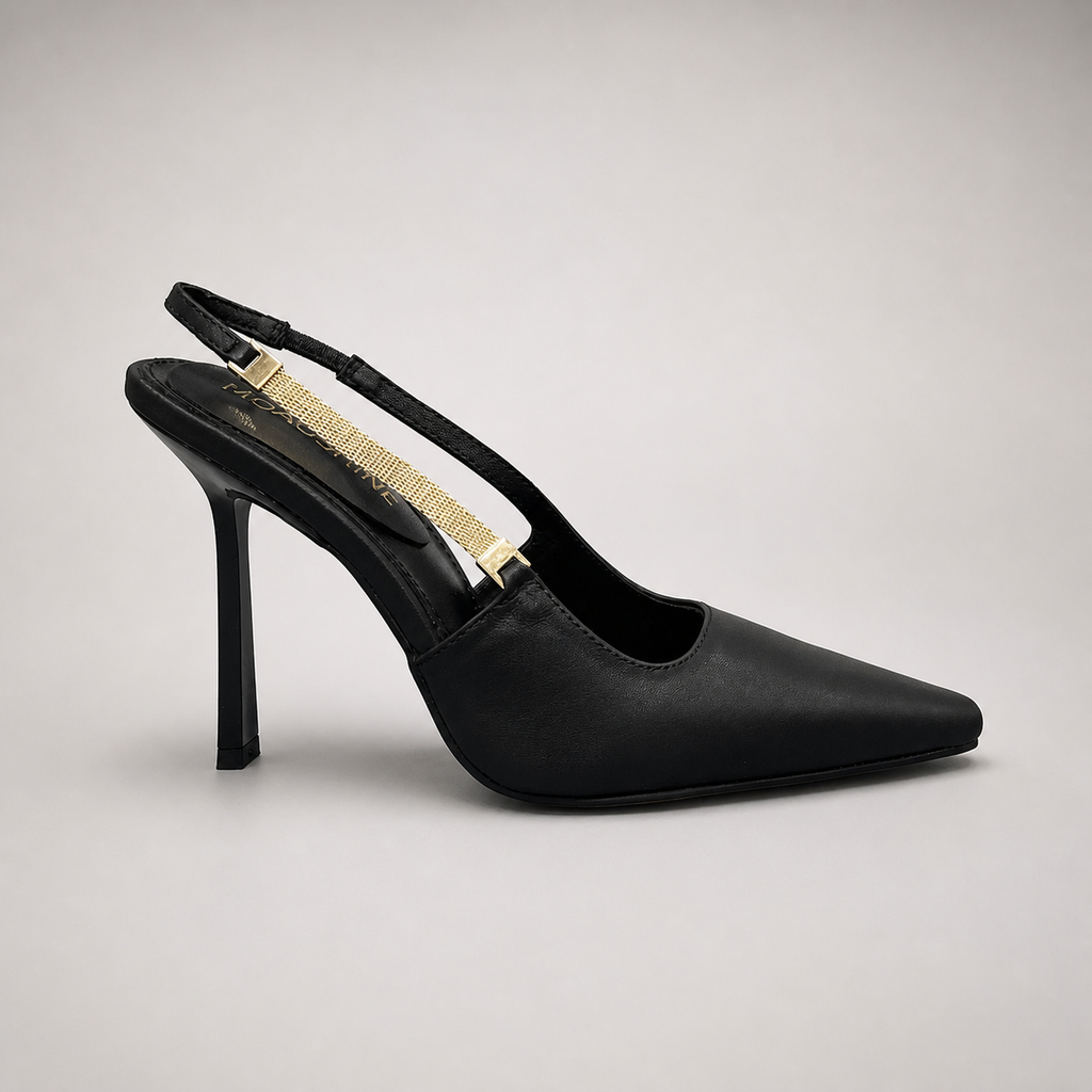 Black slingback pump side profile showing a pointed toe