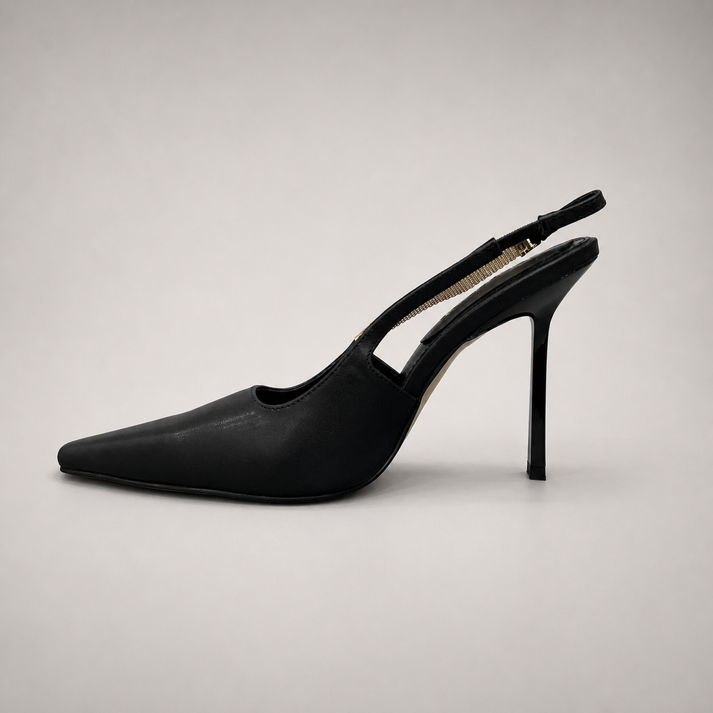 Black slingback pump opposite side profile showing a pointed toe