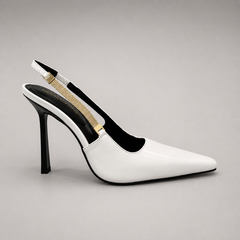 White slingback pump side profile showing a pointed toe and double slingback straps