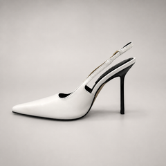 White slingback pump opposite side profile showing a pointed toe and double slingback straps