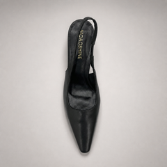 Black slingback pump top view showing a pointed toe
