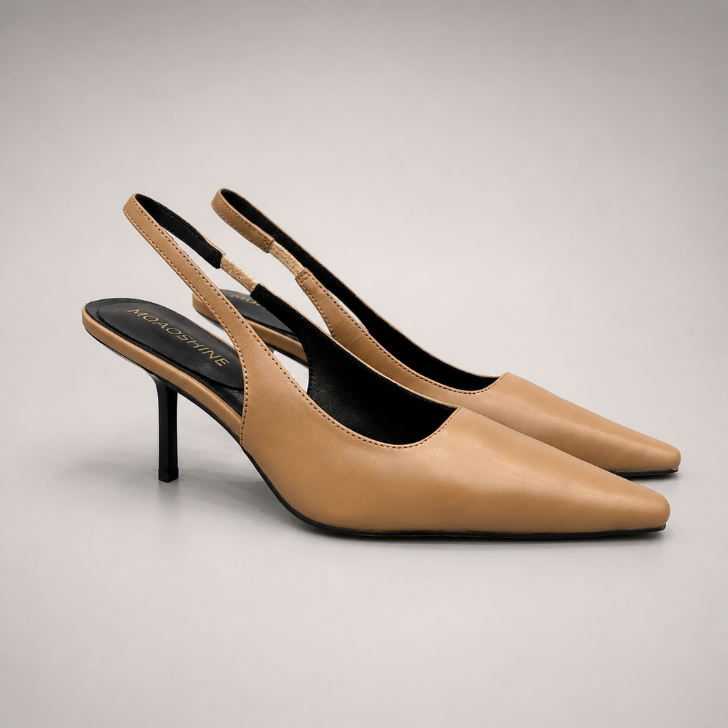 Tan slingback pump pair three-quarter view showing a pointed toe