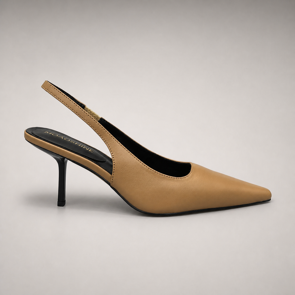 Tan slingback pump side profile showing a pointed toe