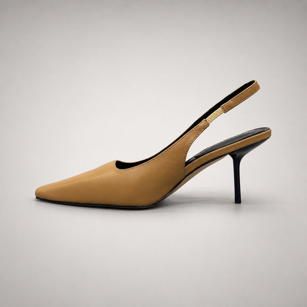 Tan slingback pump opposite side profile showing a pointed toe