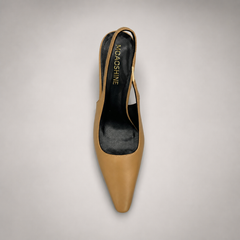 Tan slingback pump top view showing a pointed toe