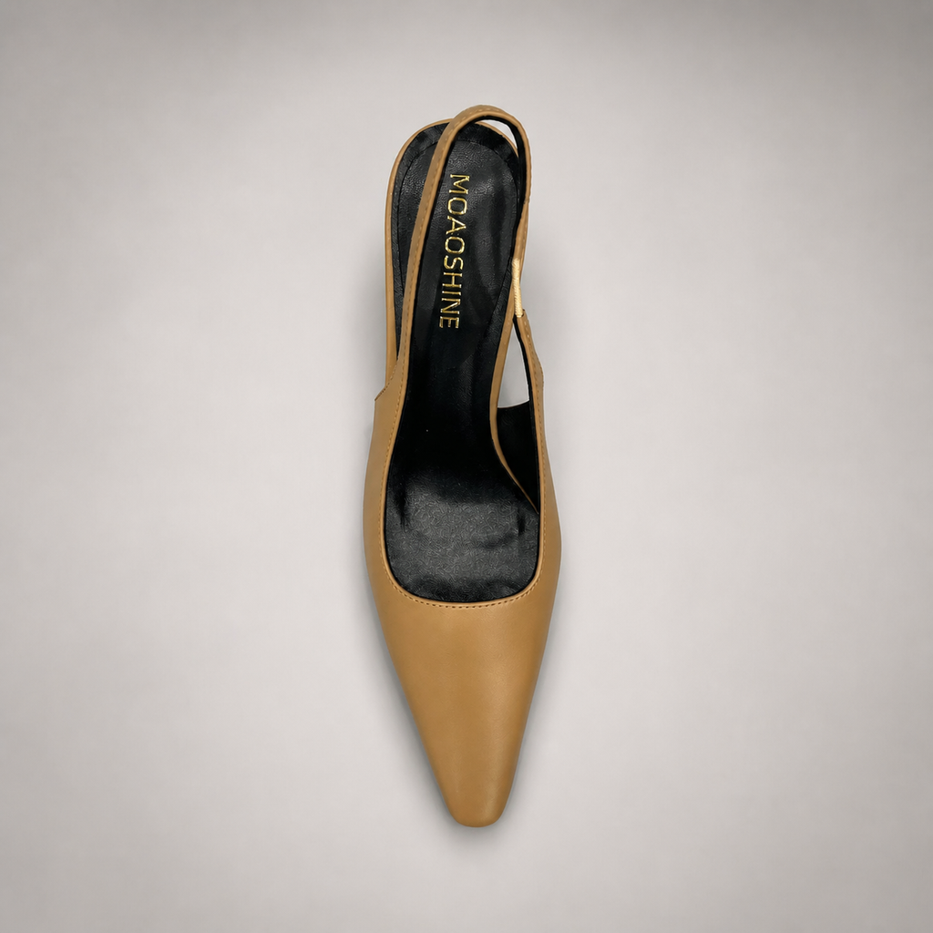 Tan slingback pump top view showing a pointed toe