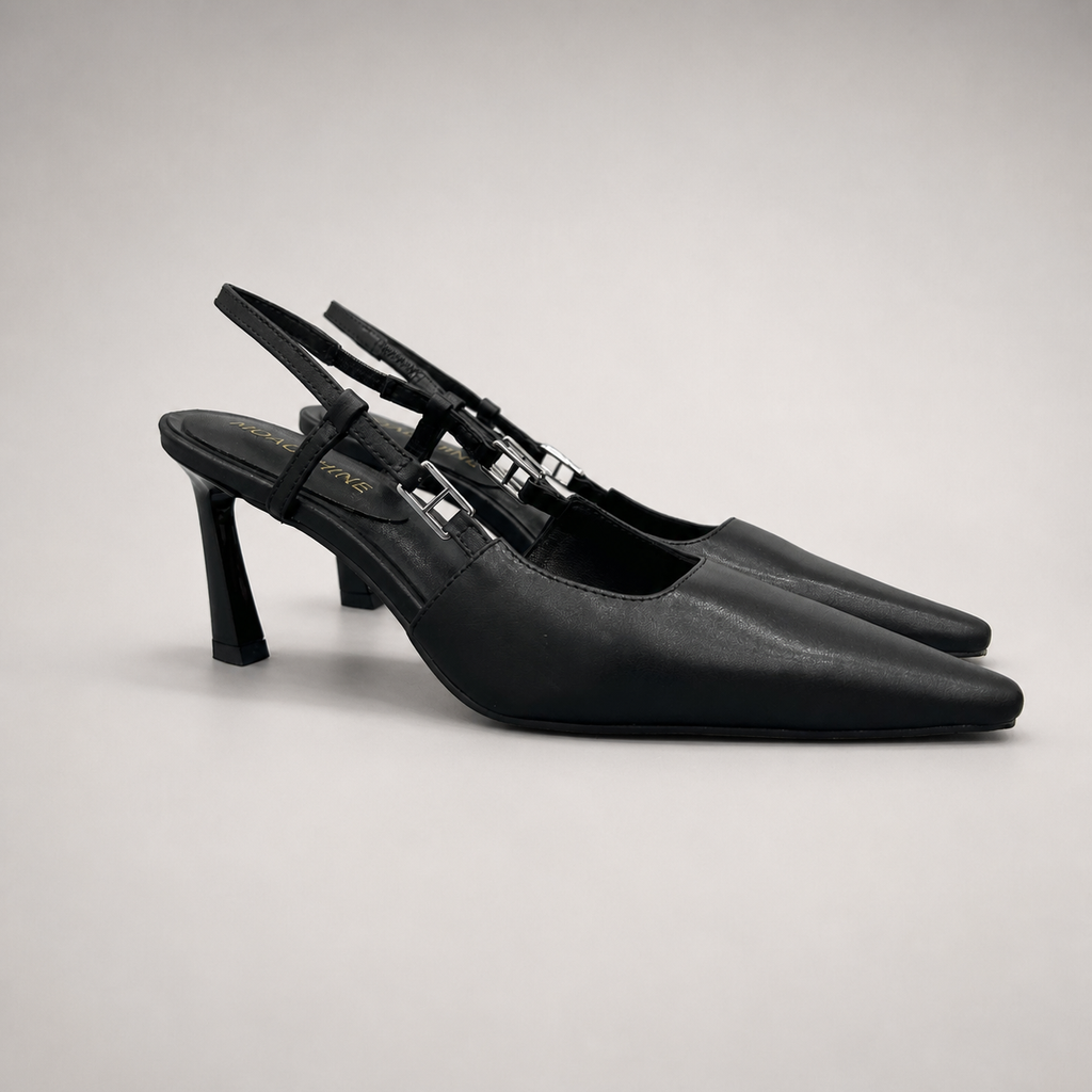 Black slingback pump pair three-quarter view showing a pointed toe and double slingback straps