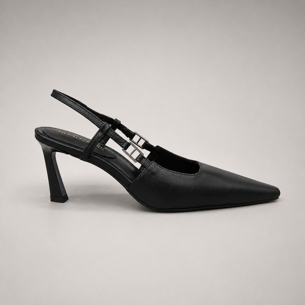 Black slingback pump side profile showing a pointed toe and double slingback straps