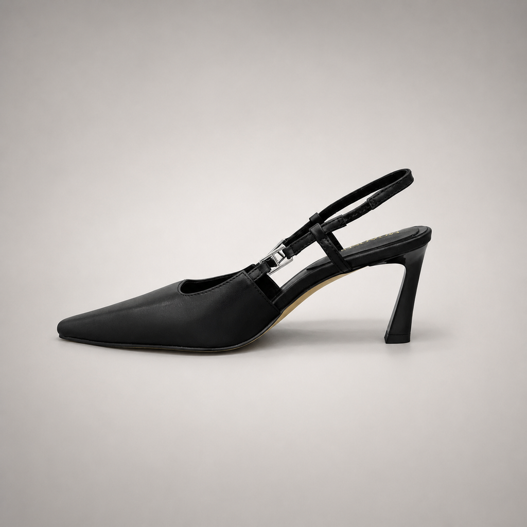 Black slingback pump opposite side profile showing a pointed toe and double slingback straps