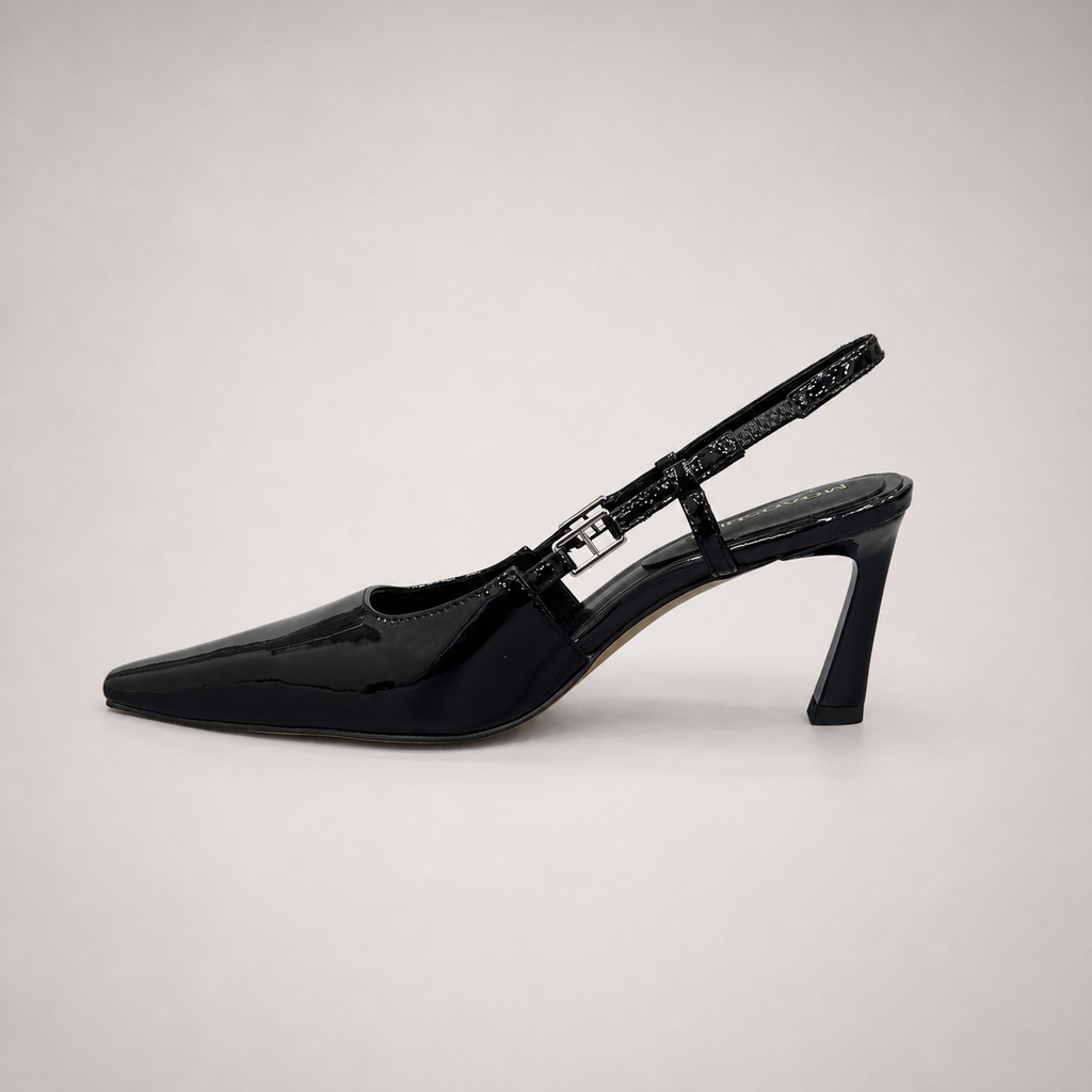 Black slingback pump opposite side profile showing a pointed toe and double slingback straps