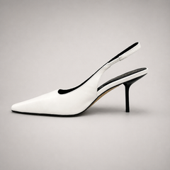 White slingback pump opposite side profile showing a pointed toe, angular side cutout, and slingback strap