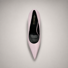 Pink pump top view showing a pointed toe