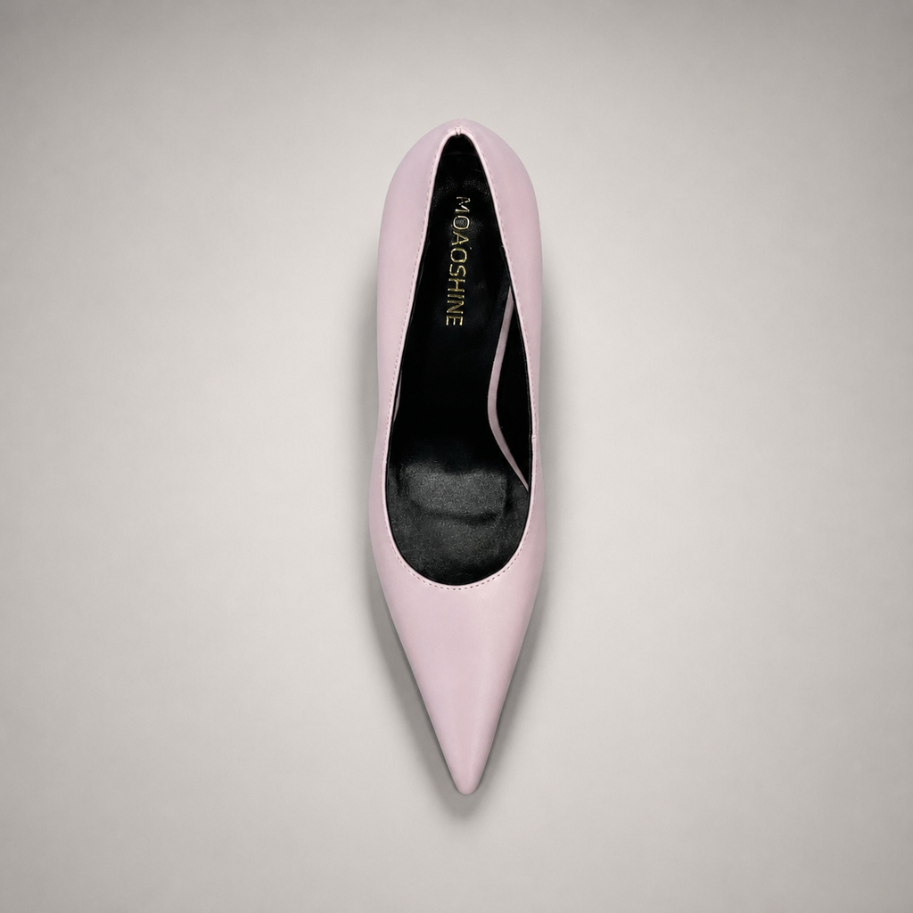 Pink pump top view showing a pointed toe