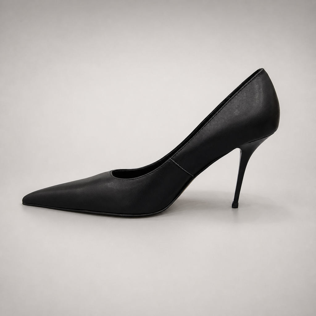 Black pump opposite side profile showing a pointed toe