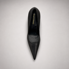 Black pump top view showing a pointed toe