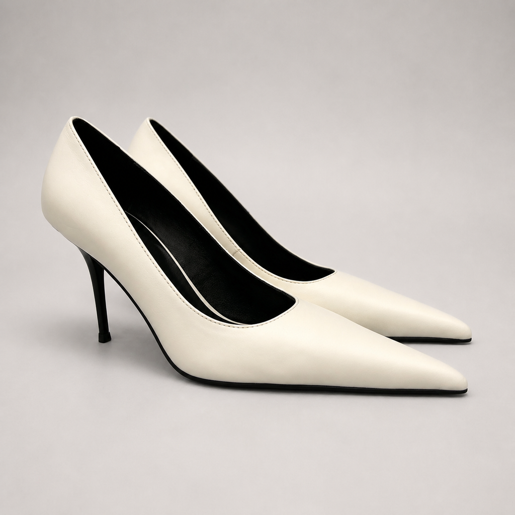 White pump pair three-quarter view showing a pointed toe