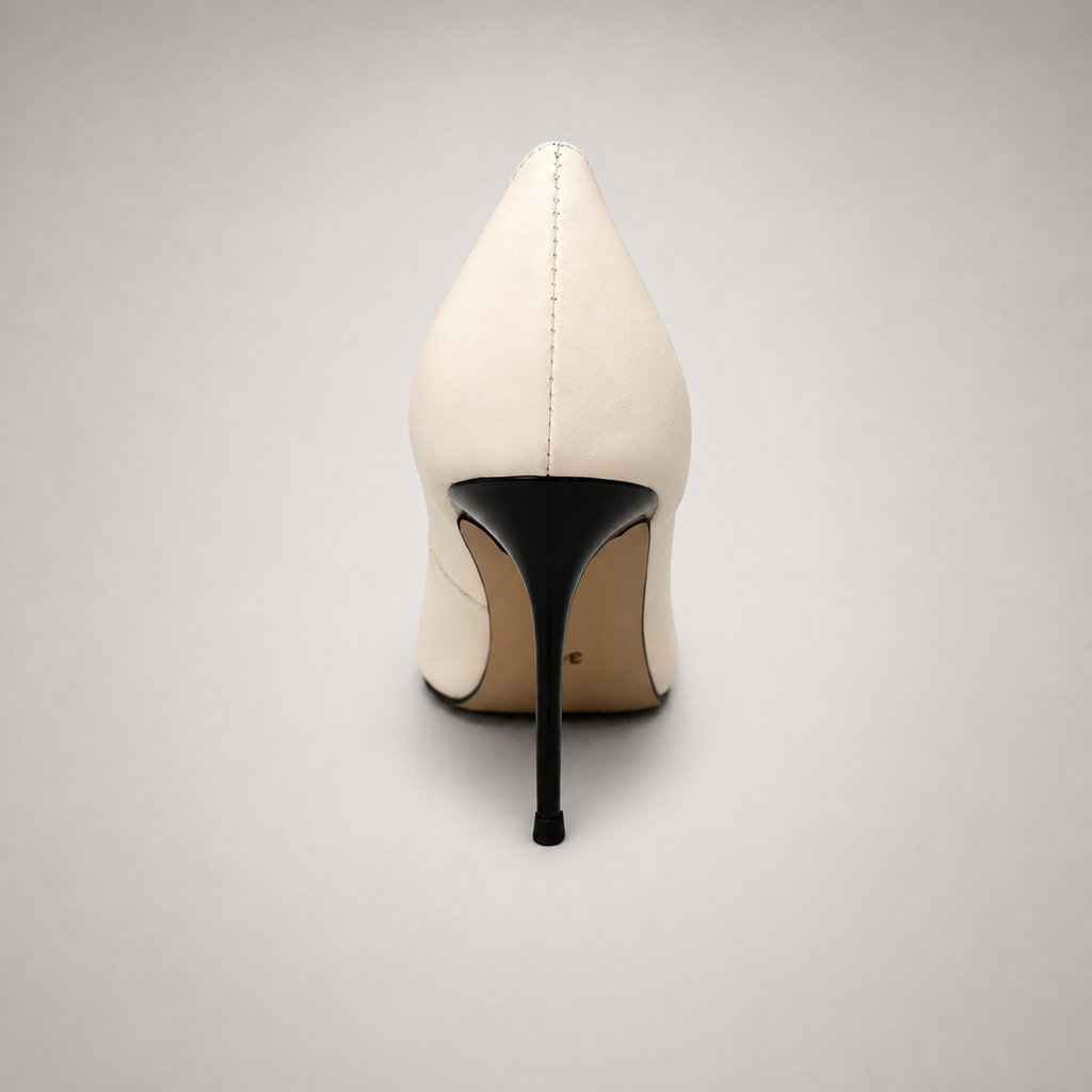 White pump rear view showing a pointed toe