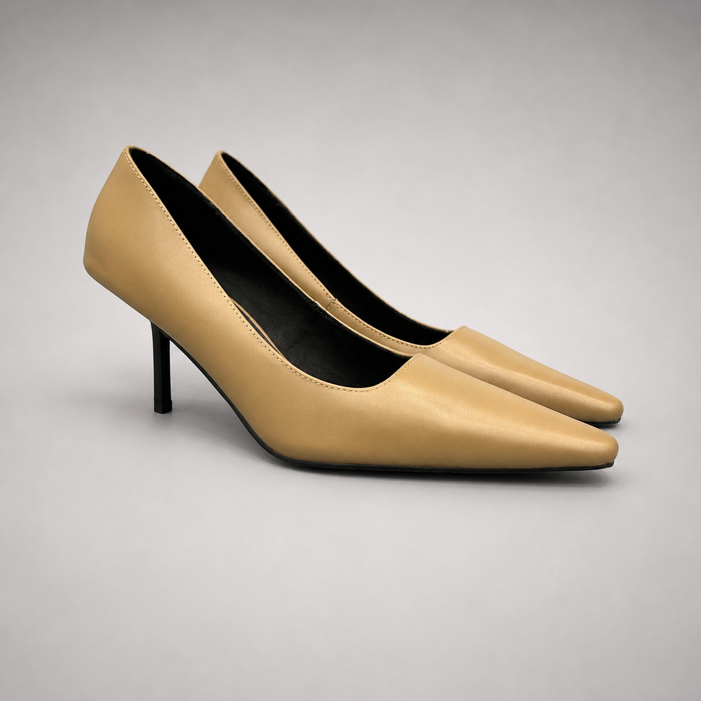 Tan pump pair three-quarter view showing a pointed toe