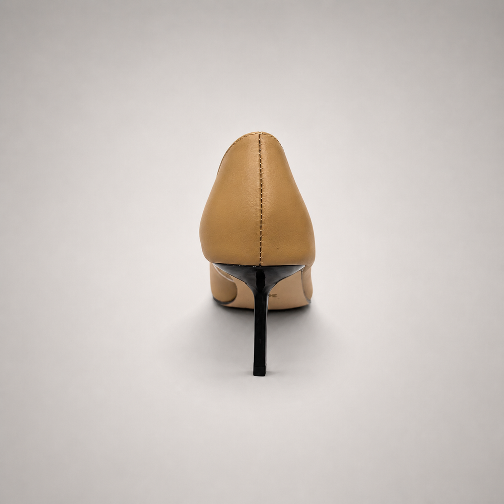 Tan pump rear view showing a pointed toe