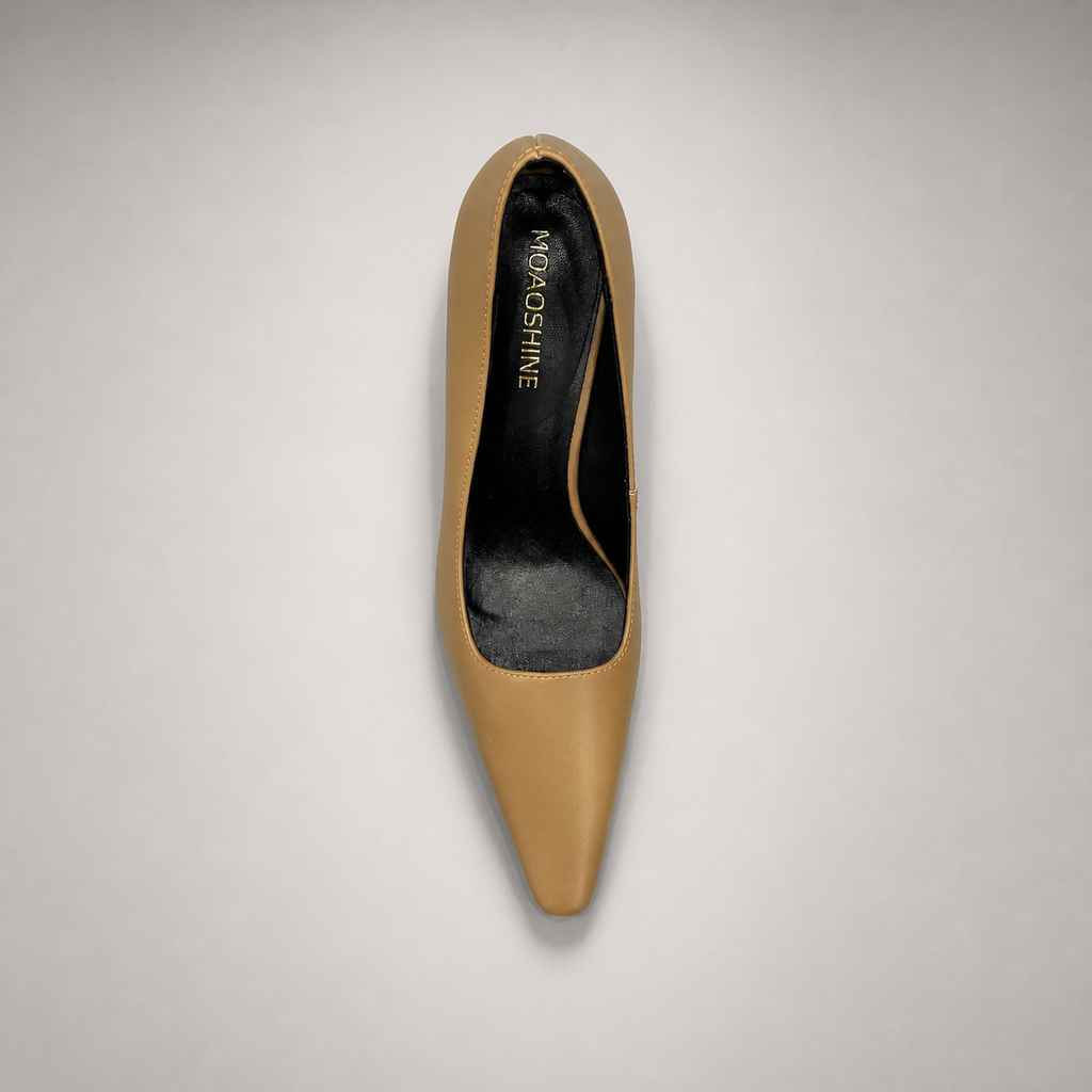 Tan pump top view showing a pointed toe