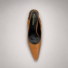 Tan slingback pump outsole view showing the cow leather outsole
