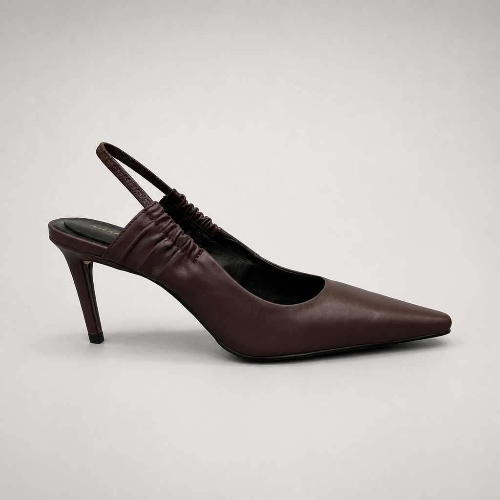 Brown slingback pump side profile showing a pointed toe and gathered slingback strap