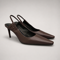 Brown slingback pump pair three-quarter view showing a pointed toe and gathered slingback strap