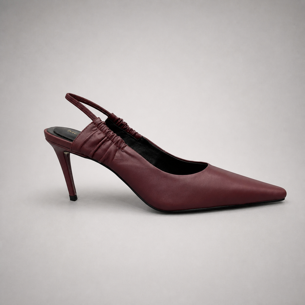 Burgundy slingback pump side profile showing a pointed toe and gathered slingback strap