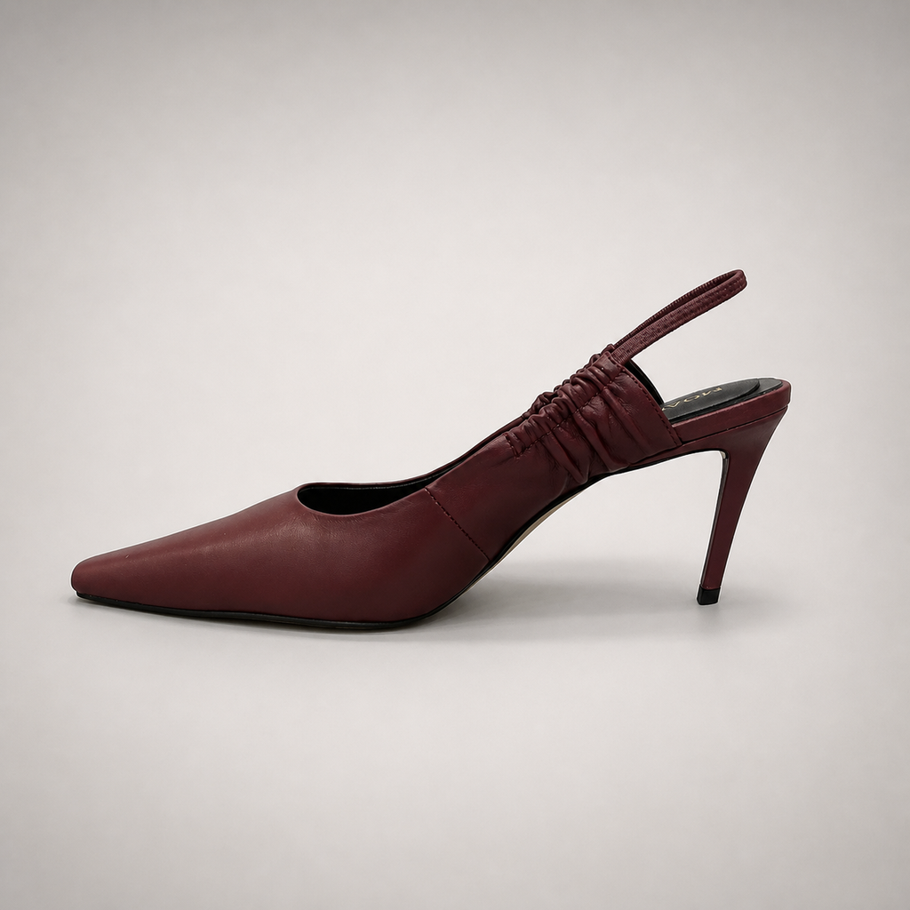 Burgundy slingback pump opposite side profile showing a pointed toe and gathered slingback strap