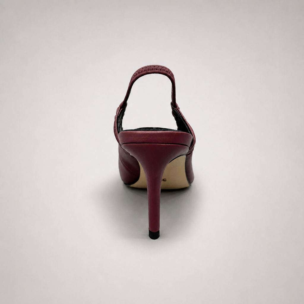 Burgundy slingback pump rear view showing a pointed toe and gathered slingback strap