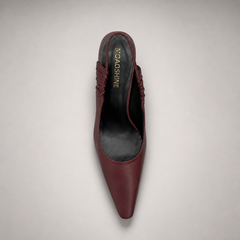 Burgundy slingback pump top view showing a pointed toe and gathered slingback strap