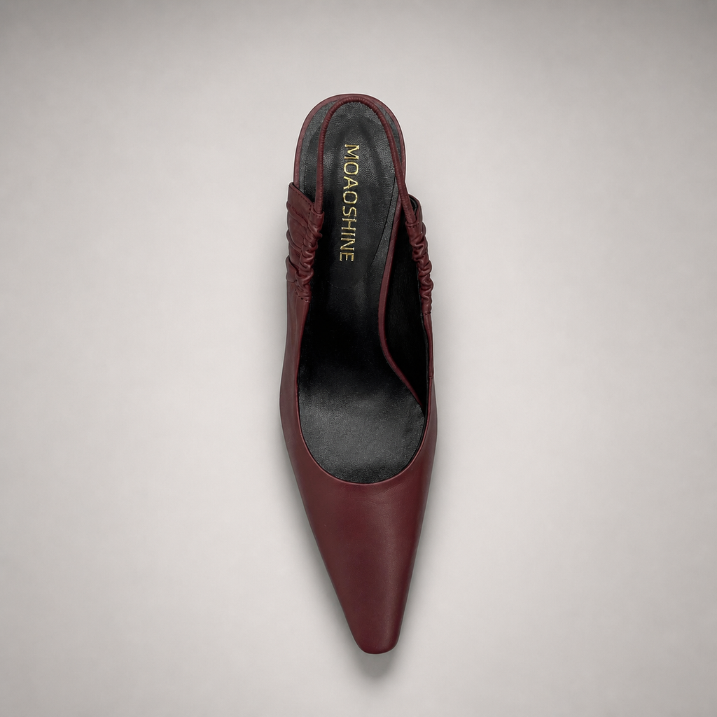 Burgundy slingback pump top view showing a pointed toe and gathered slingback strap