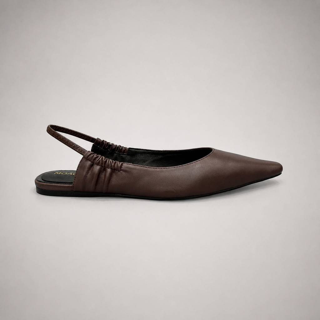 Brown slingback flat side profile showing a square toe and gathered slingback strap
