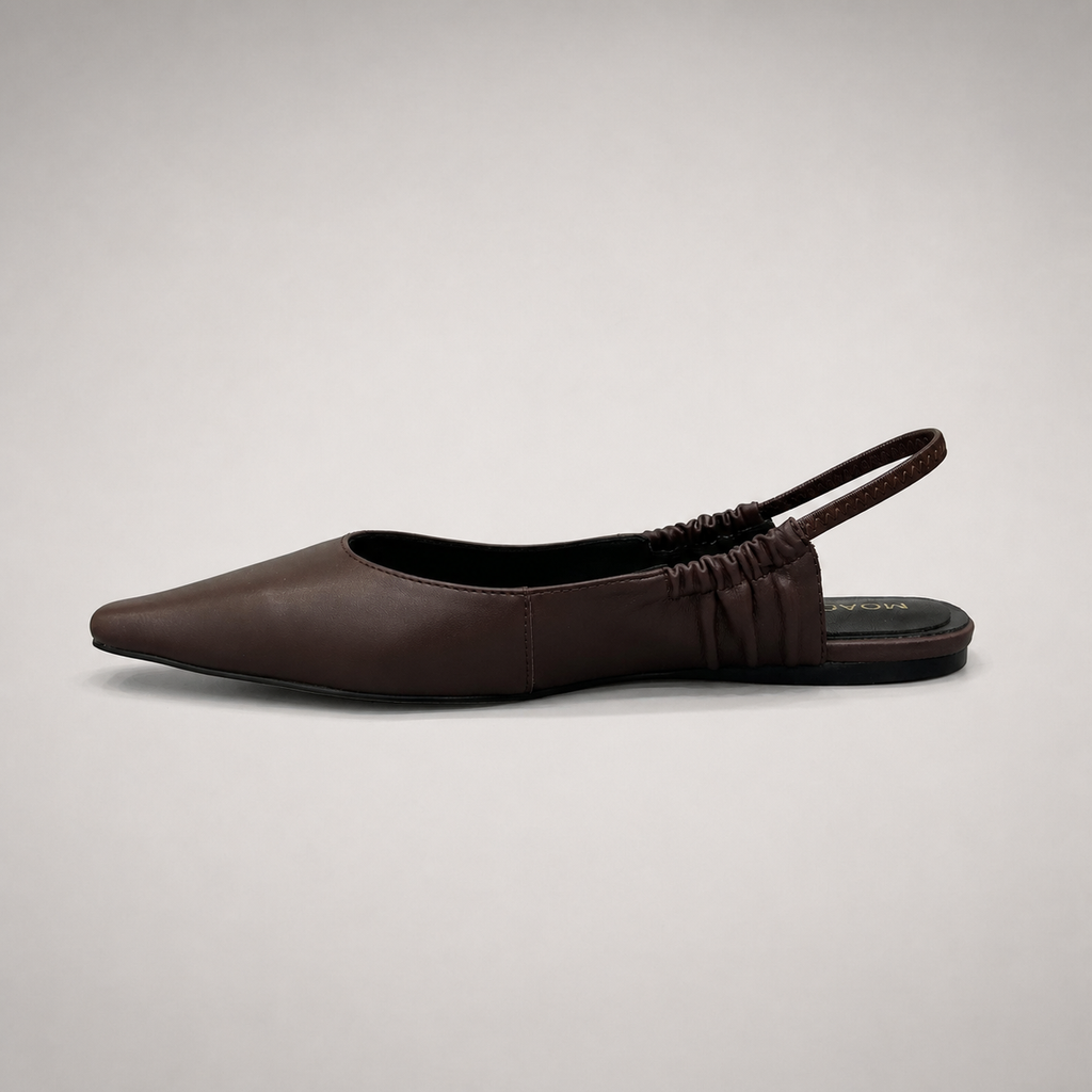 Brown slingback flat opposite side profile showing a square toe and gathered slingback strap