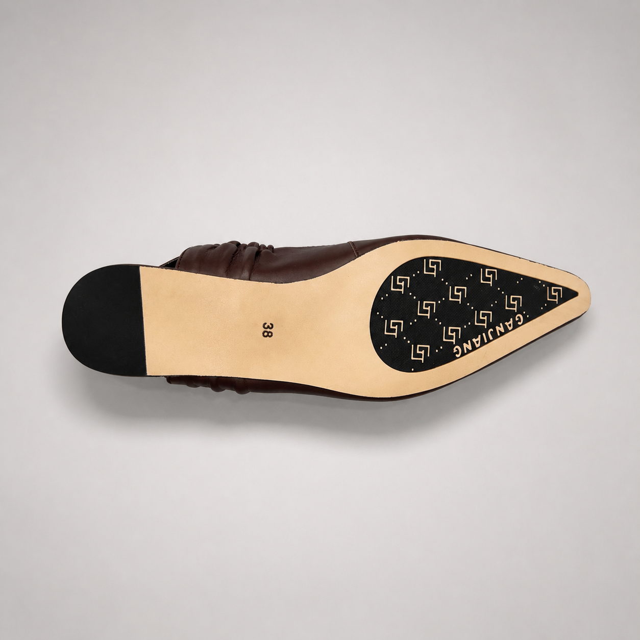 Brown slingback flat top view showing a square toe and gathered slingback strap