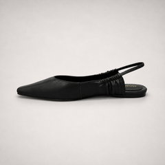 Black slingback flat opposite side profile showing a square toe and gathered slingback strap