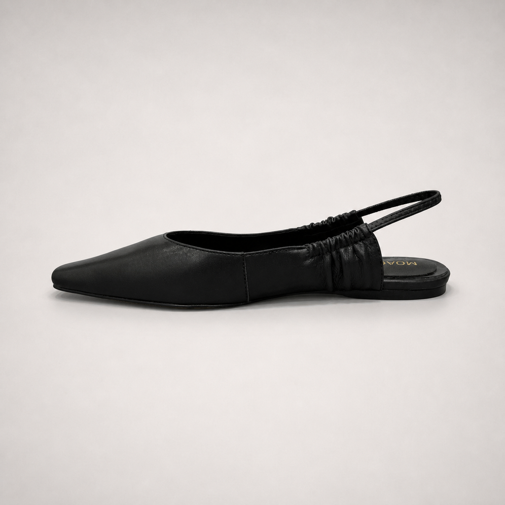Black slingback flat opposite side profile showing a square toe and gathered slingback strap
